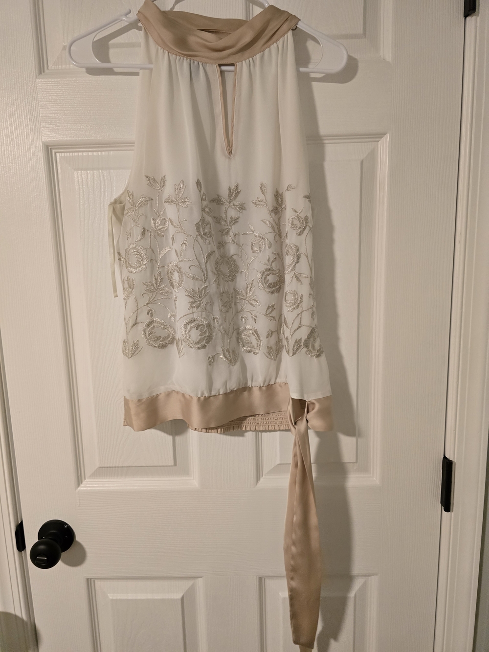 White House Black Market White and Beige Embroidered Halter Top